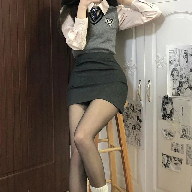 Dressbetty - Preppy Style Dark Gray High Waist One-step Skirt