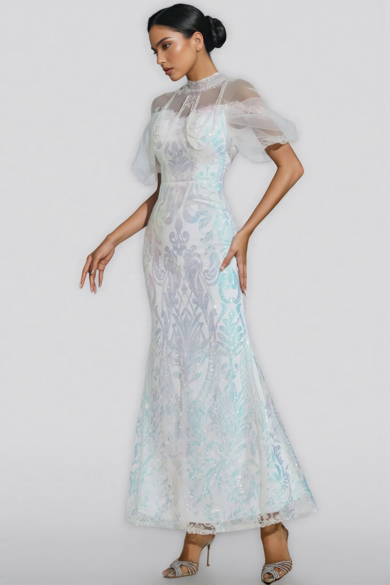 Austinse White Mesh Sequin Maxi Dress