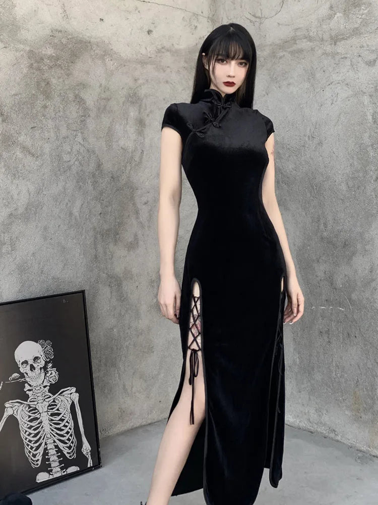 Romantic Gothic Aesthetic Black Evening Cheongsam Midi Dresses