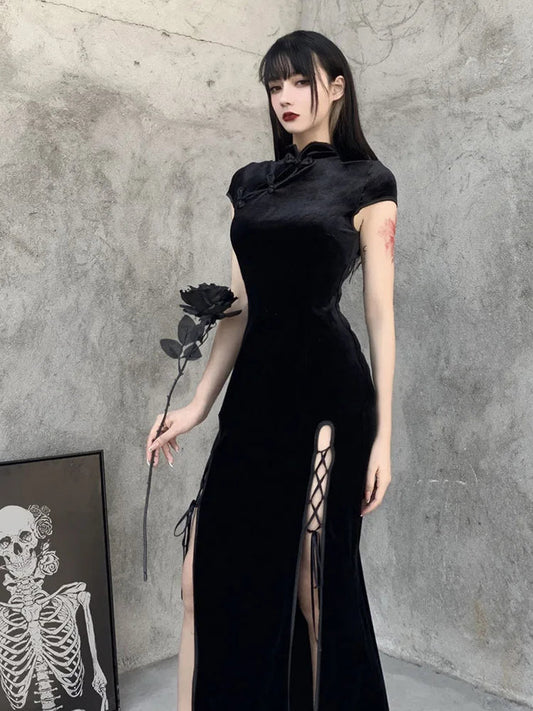 Romantic Gothic Velvet Aesthetic Black Evening Cheongsam Midi Dresses