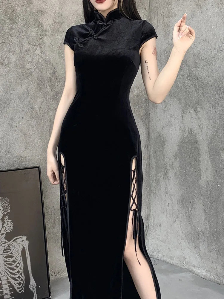 Romantic Gothic Aesthetic Black Evening Cheongsam Midi Dresses