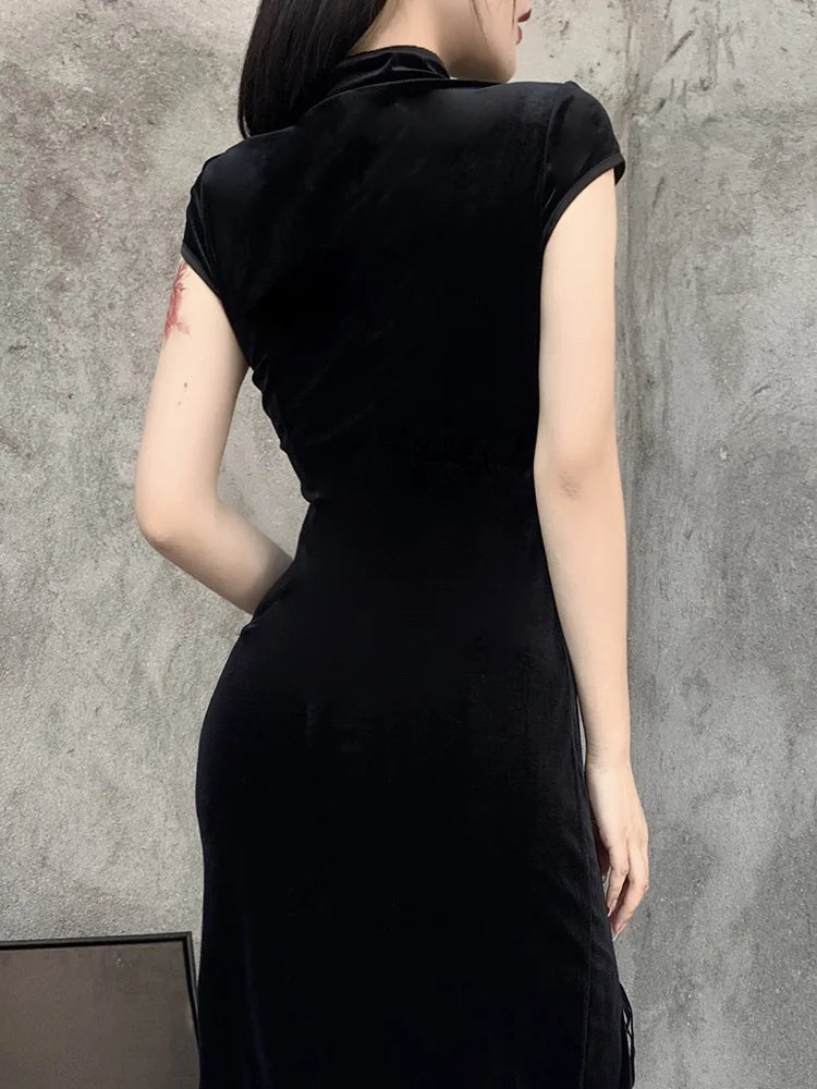 Romantic Gothic Velvet Aesthetic Black Evening Cheongsam Midi Dresses