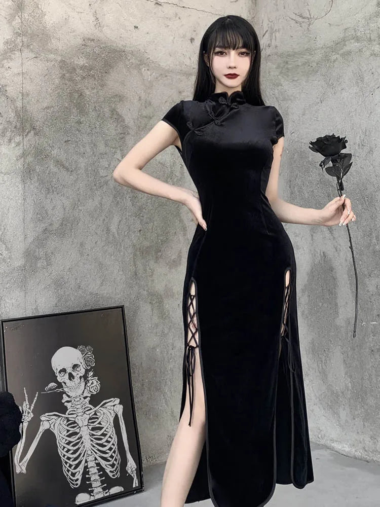 Romantic Gothic Velvet Aesthetic Black Evening Cheongsam Midi Dresses