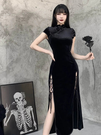 Romantic Gothic Velvet Aesthetic Black Evening Cheongsam Midi Dresses