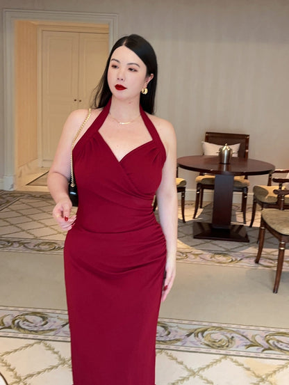 Romantic Halter Ruched Midi Dress · Slimming French Style Plus-size Elegance