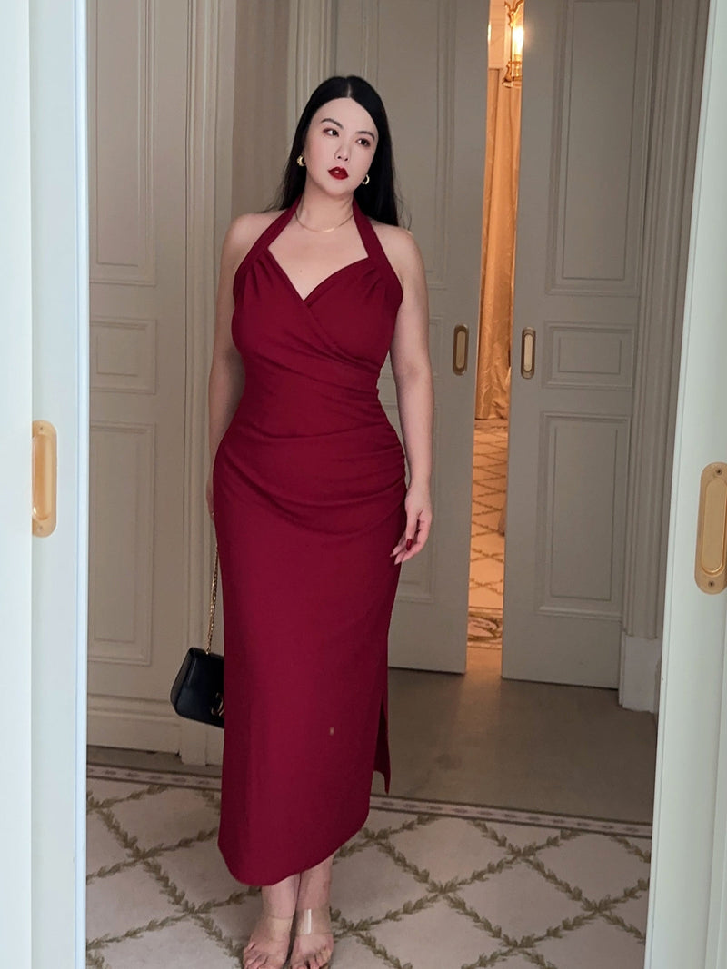 Romantic Halter Ruched Midi Dress · Slimming French Style Plus-size Elegance