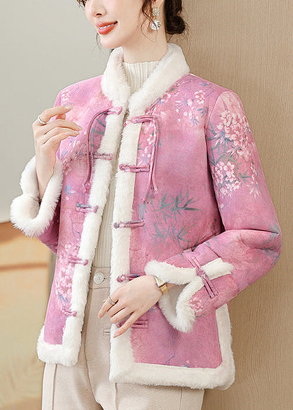 Rose Button Pockets Warm Fleece Winter Parkas Coat Fur Collar Rz026