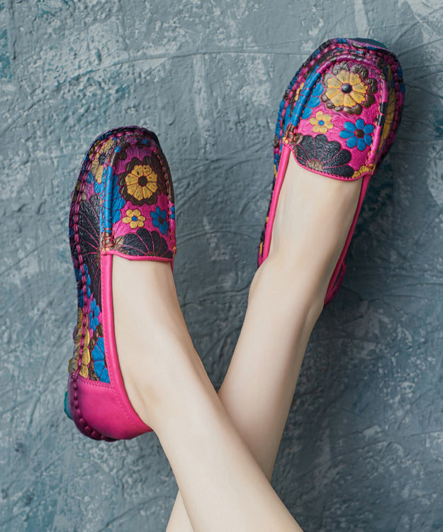 Rose Cowhide Leather Embossed Handmade Flat Feet Shoes Xc1031