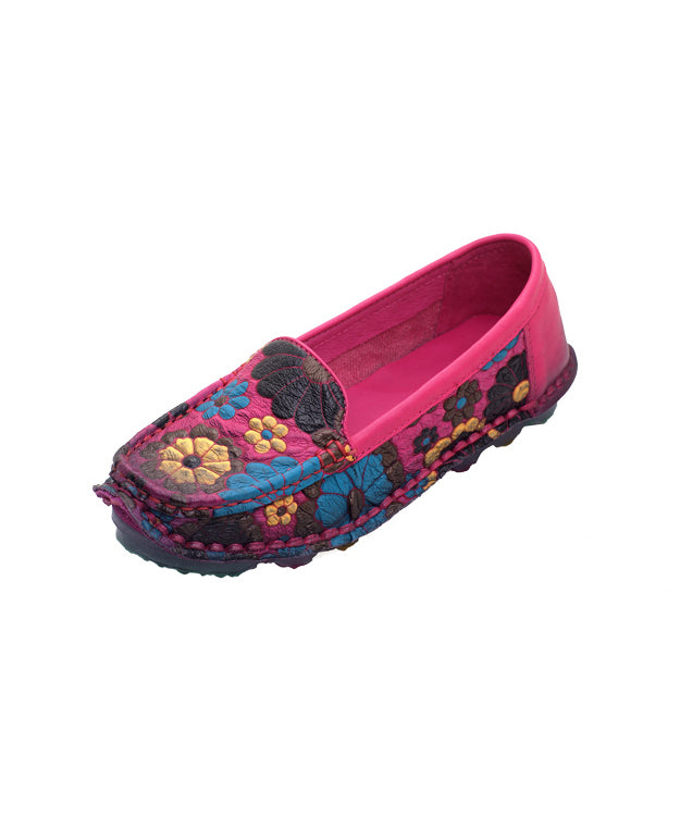 Rose Cowhide Leather Embossed Handmade Flat Feet Shoes Xc1031