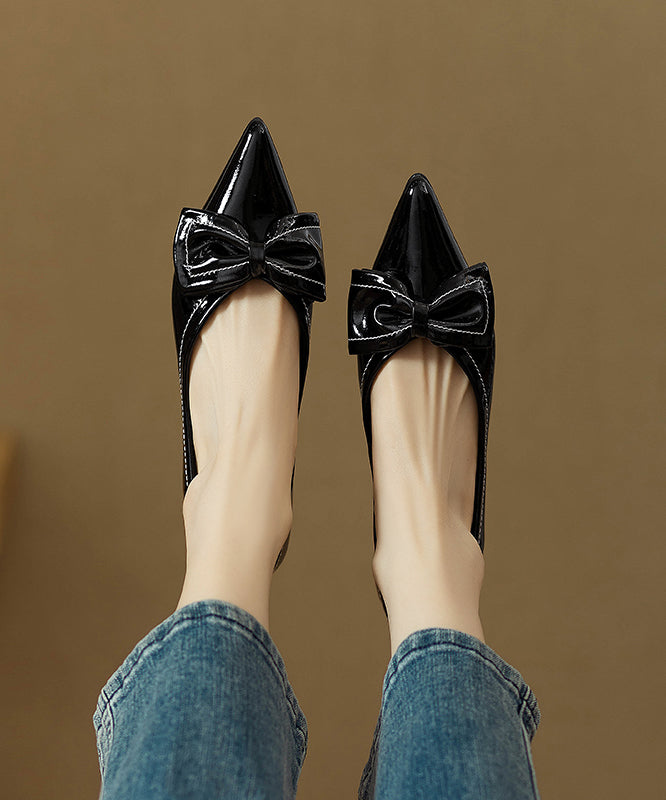 Leather Pointed Flat Shoes Rose Splicing Faux Toe Fitted Bow