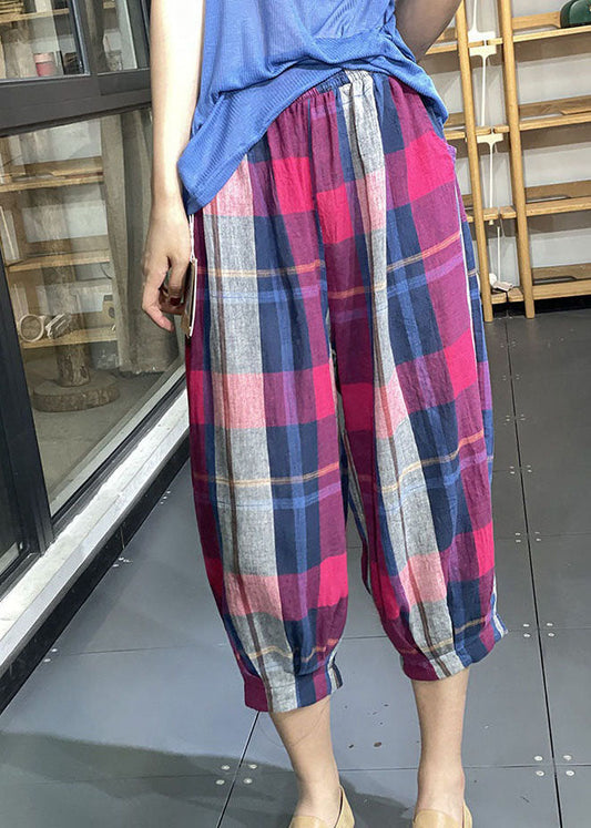 Rose Pockets Plaid Cotton Lantern Pants Wrinkled Summer Ly0632