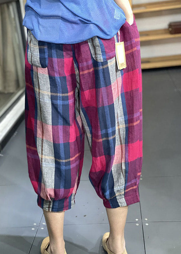 Rose Pockets Plaid Cotton Lantern Pants Wrinkled Summer Ly0632