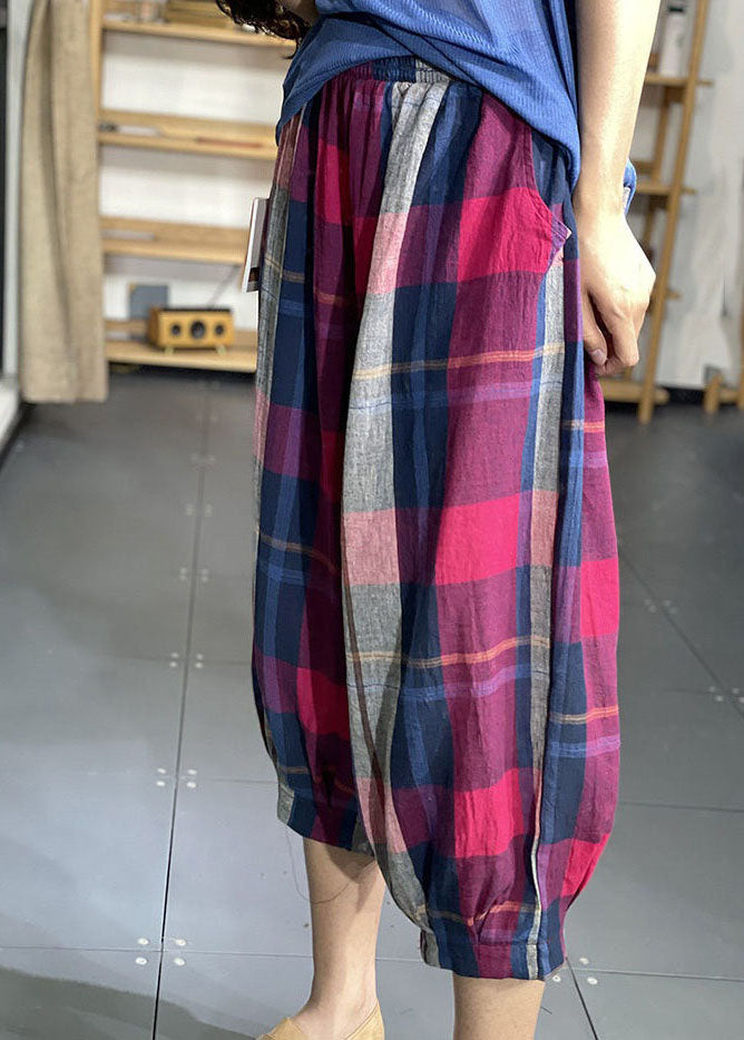 Rose Pockets Plaid Cotton Lantern Pants Wrinkled Summer Ly0632