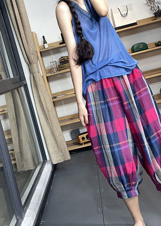Rose Pockets Plaid Cotton Lantern Pants Wrinkled Summer Ly0632