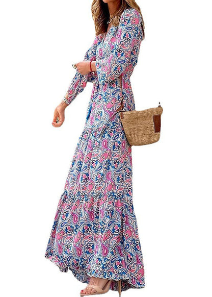 Rose Tie Waist Fall Maxi Dress V Neck Qa024