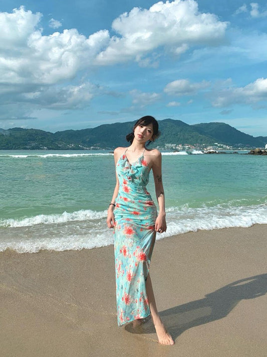 Ruffled Split Maxi Dress Feminine Open-back Summer Beach Dress
