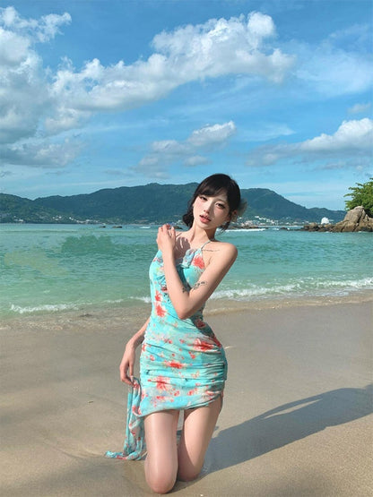 Ruffled Split Maxi Dress Feminine Open-back Summer Beach Dress