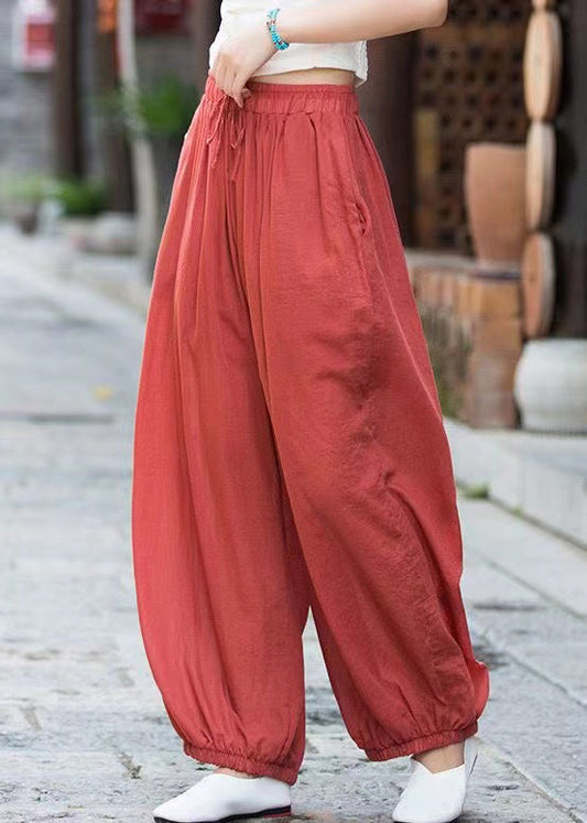Rust Lace Up Linen Crop Pants Elastic Waist Qe053