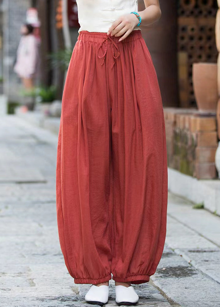 Rust Lace Up Linen Crop Pants Elastic Waist Qe053