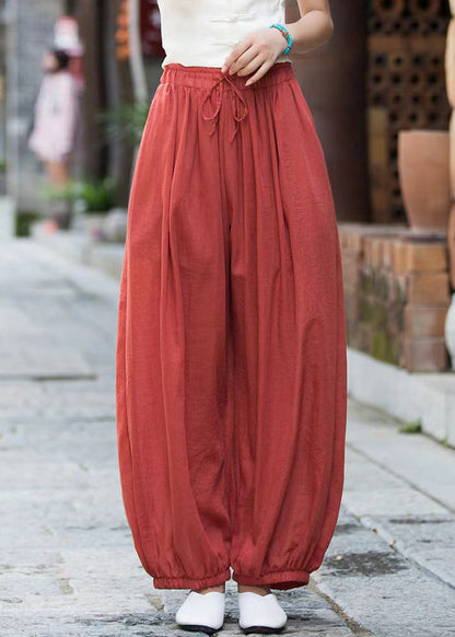 Rust Lace Up Linen Crop Pants Elastic Waist Qe053