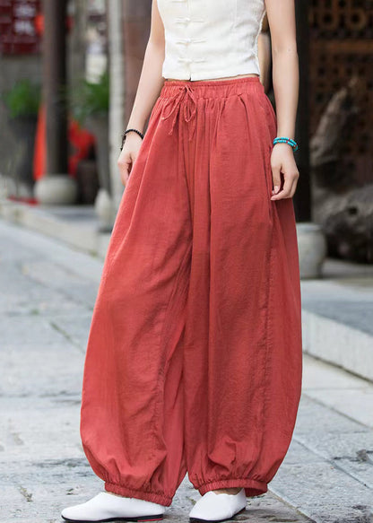 Rust Lace Up Linen Crop Pants Elastic Waist Qe053