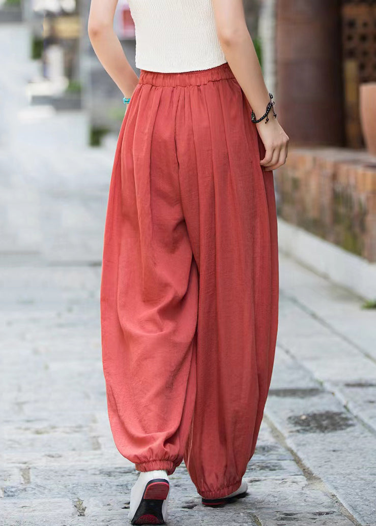 Rust Lace Up Linen Crop Pants Elastic Waist Qe053