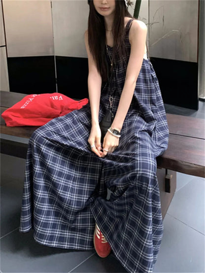 Korea Rompers Summer Plaid New Office Lady High Street Sleeveless Wide Leg Jumpsuits