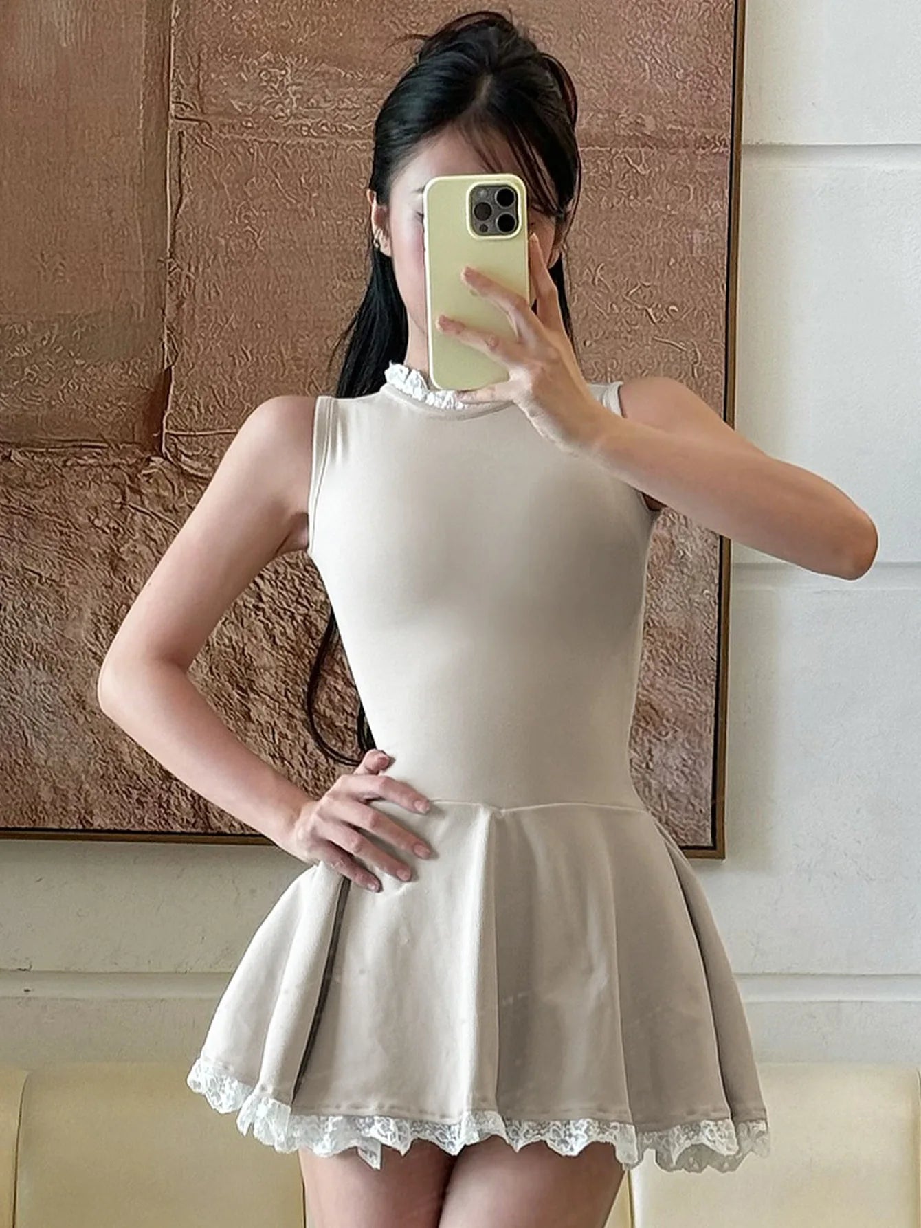 Splice Lace Mini Dress for High Waisted Slim Folds Aline Hem Dresses Sleeveless Evening Party Dress Lady