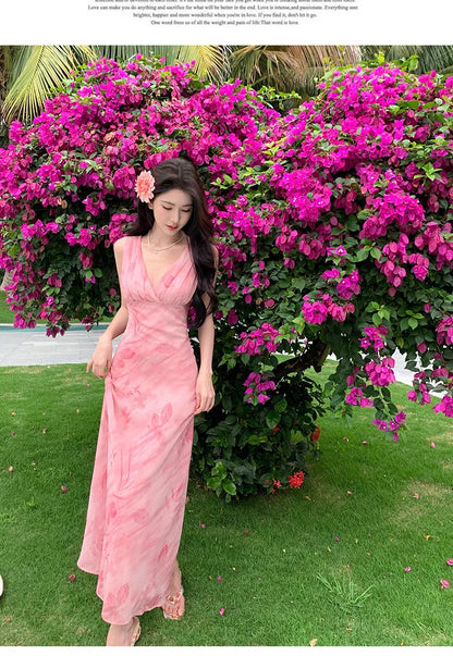 Print Long Dresses Vneck Sleeveless Bodycon Evening Party Dress New Slim Waist Vestidos Mujer New Robe