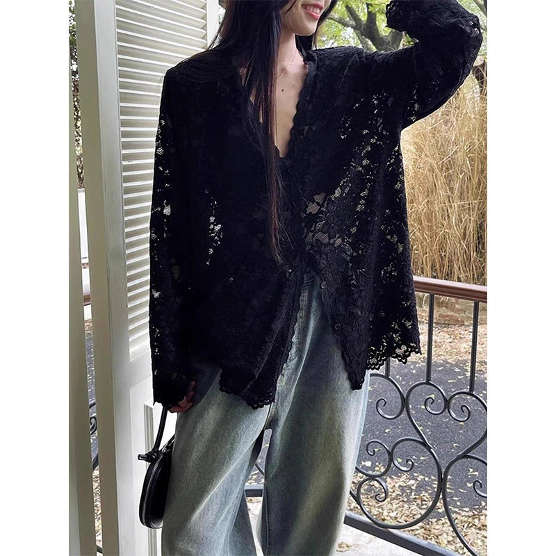 Y2k Lace Sheer Black Shirts Hollow Out White Blouses Korean Aesthetic Long Sleeve Sun Protection Tops