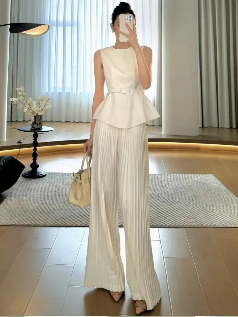 Sleeveless Top Waist Belted Slim Tank Top Pleated Wide Leg Pants Set Commuting Professional Two Piece Set Outfits