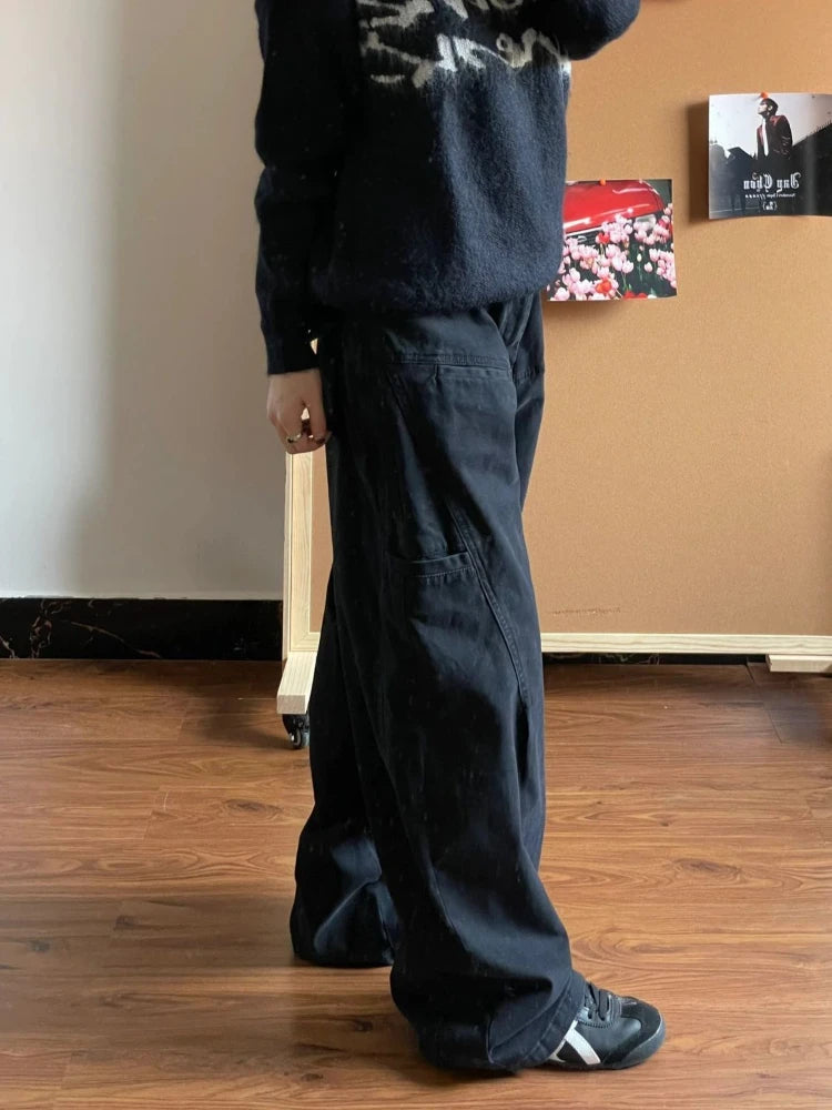 Boyfriend Jeans for Baggy Balck Wide Leg Denim Trousers Harajuku Causal Straight Cowgirl Pants