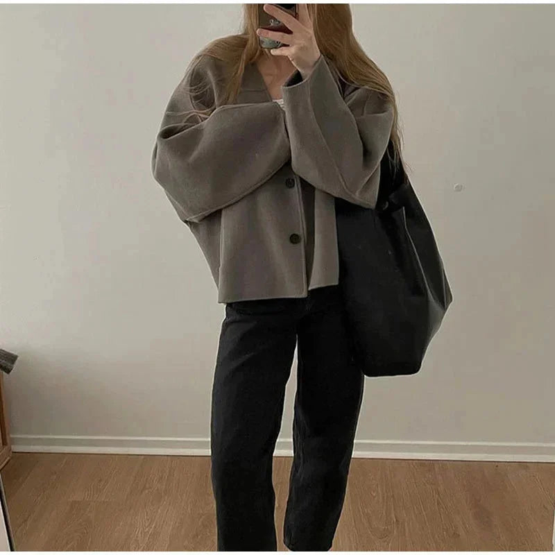 Single Breasted Short Coats Long Sleeves V Neck Crop Jackets Autumn Lady Commuter Outerwear