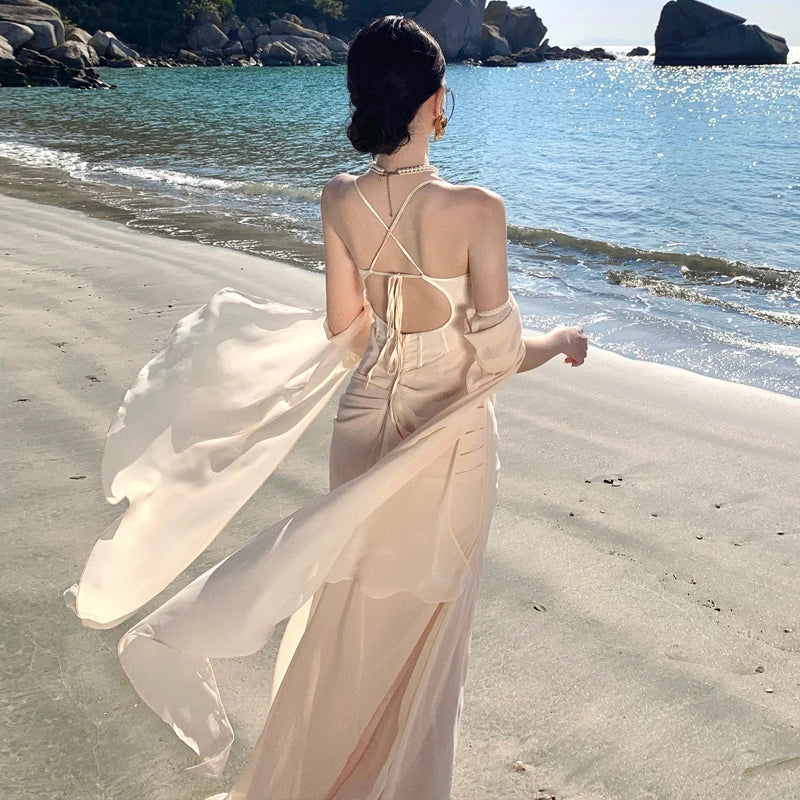 French Summer Beige Club Spaghetti Strap Long Dress V Neck Backless Wrap Hip Pleated Fishtail Evening Dress