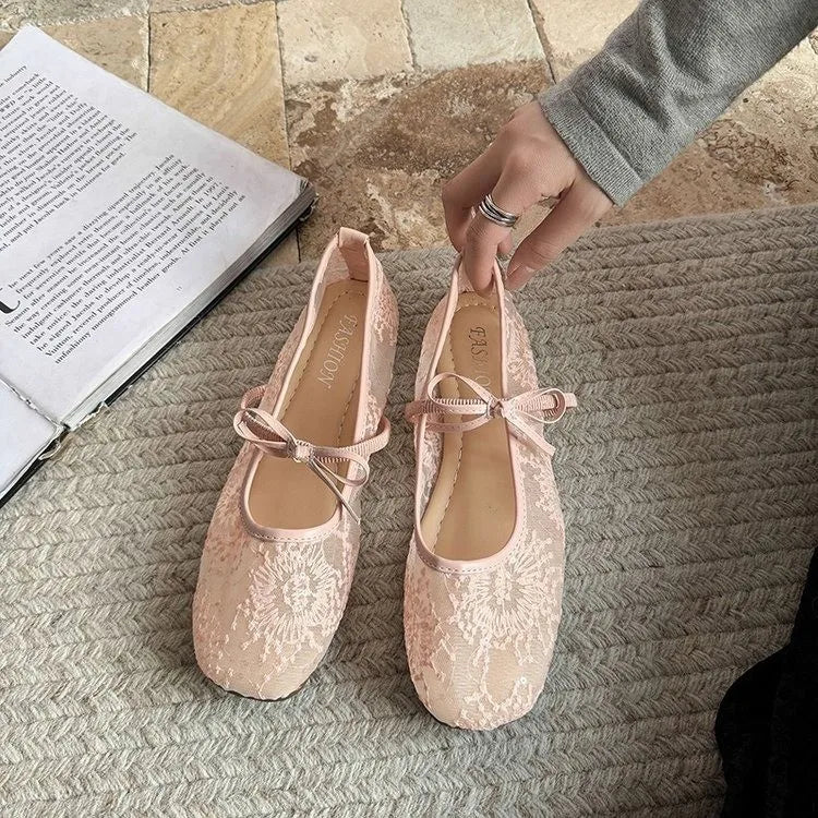 New Spring New Flat Shoes for Square Head Shallow Mouth Mesh Fabric Embroidery Butterfly Knot Soft Sole Single Shoe