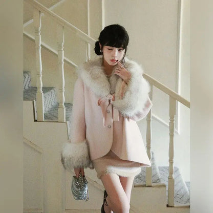 French Socialite Bow Pink Fur Collar Woolen Cloak Coat High Waist Short Skirt Set Autumn/winter Two Piece Sets Outfits