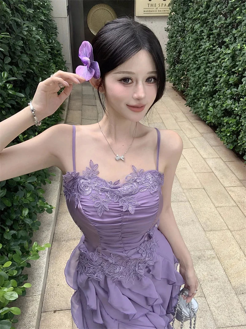 Korean Sweet Fairycore Long Dresses for Spaghetti Strap Ruffles Princess Party Dress Summer Slim Waist Vestidos