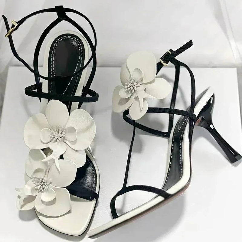Flower Designer Heels Sandals Open Toe Narrow Band Slingback Shoes Ankle Strap Party Wedding Shoe Zapatos De Mujer
