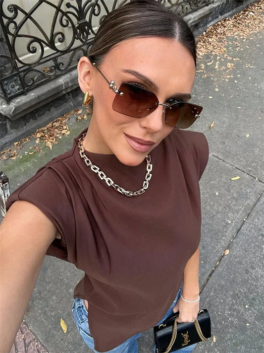 Spring Female T-shirt Top Sleeveless Slim High Waist Cropped Y2k Top ’s Patchwork Tee