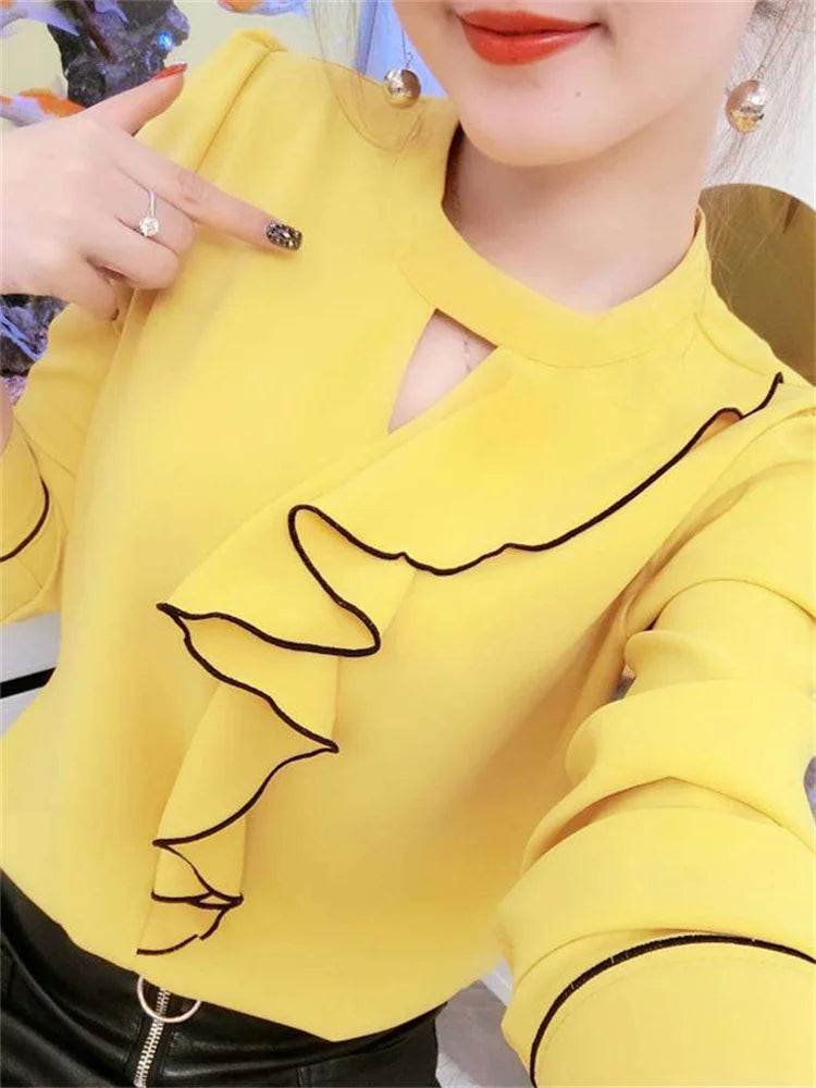 Spring Summer Style Chiffon Blouses Shirts Lady Long Sleeve Ruffles Decor Stand Collar Chiffon Blusas Tops Df3148