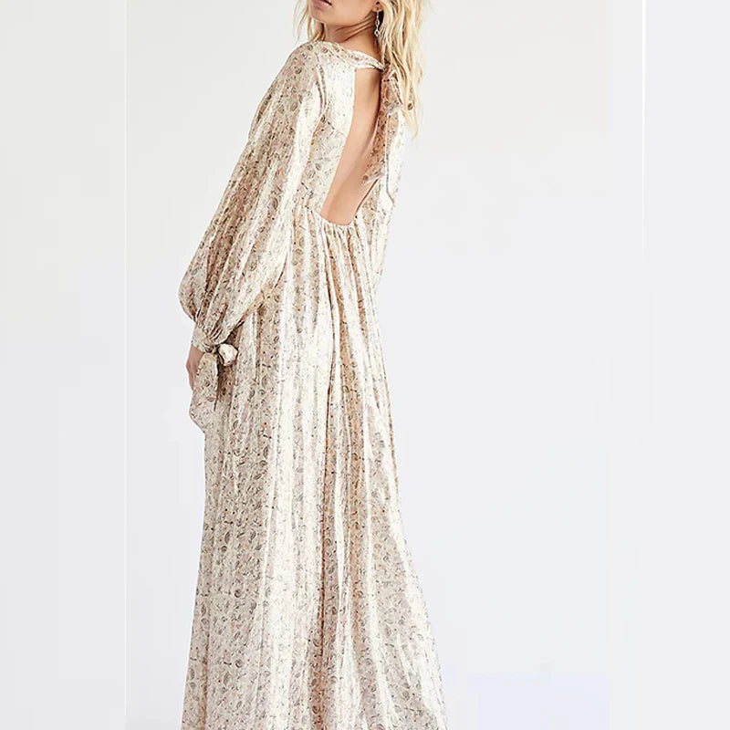 Laceup Backless Long Dress Spring Vneck High Waist Loose Maxi Dress Autumn Long Sleeve Print Party Dress Mujer