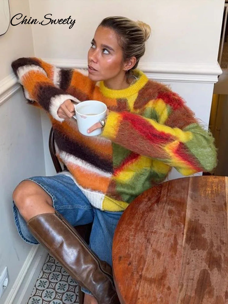 Mohair Knit Pullover Colorful O-neck Long Sleeve Loose Sweater New Autumn Lady All-matching Knitwear