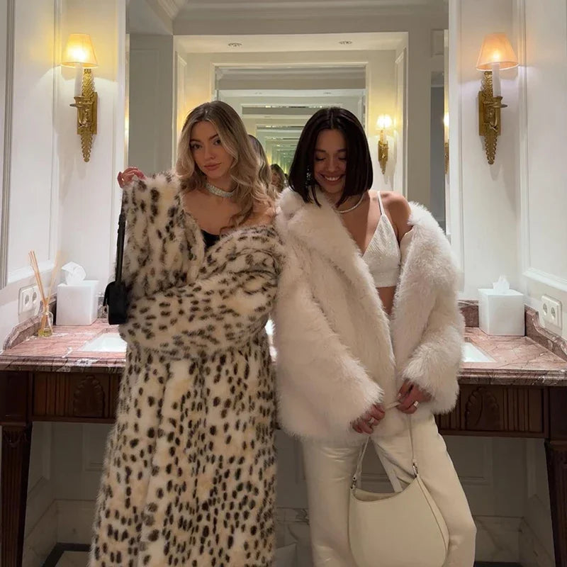 Maxi Long Leopard Belted Faux Fur Coat Winter Brand Mob Wife Vibe Fox Fur Jacket Overcoat