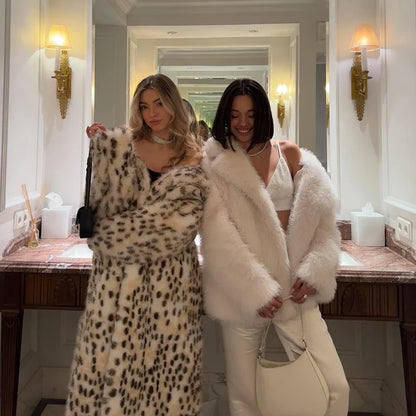 Maxi Long Leopard Belted Faux Fur Coat Winter Brand Mob Wife Vibe Fox Fur Jacket Overcoat