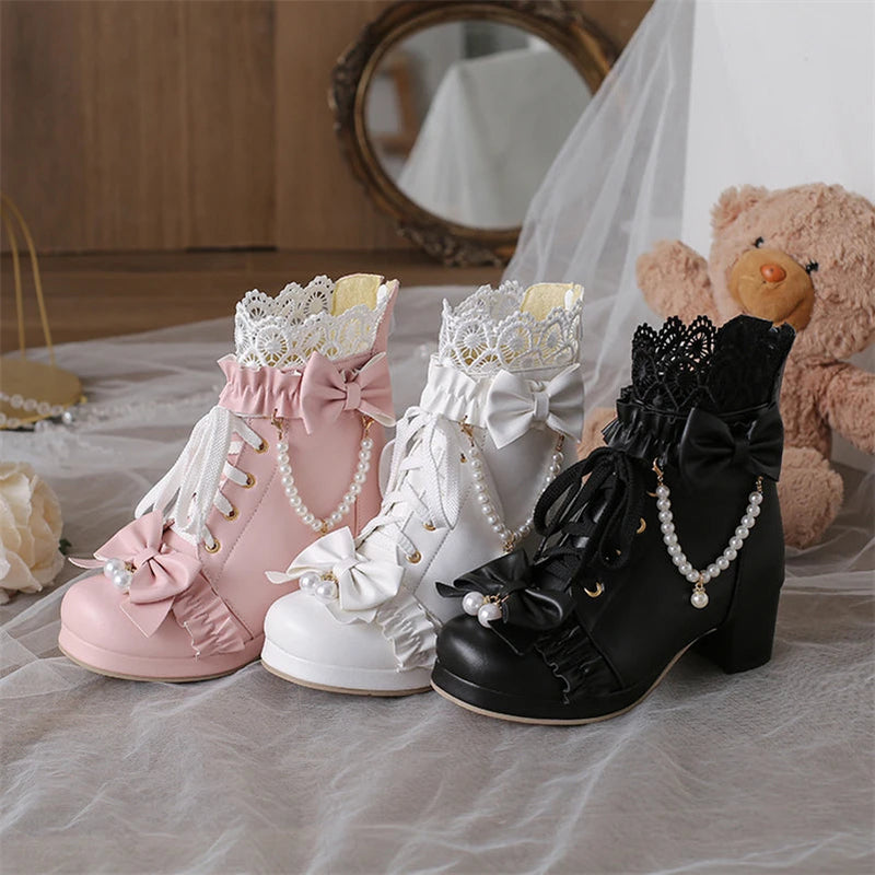 Lolita Ankle Short Boots Round Toe Kawaii Thick Mid Heels Zipper Bead Bow Laceup Lady Cosplay Shoes Autumn Winter