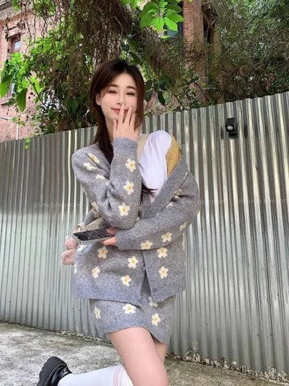 Sweet Hot Girl Knitted Suit Autumn and Winter Oneck Loose Cardigan Wrap Hip Skirt Twopiece Set Female Clothes