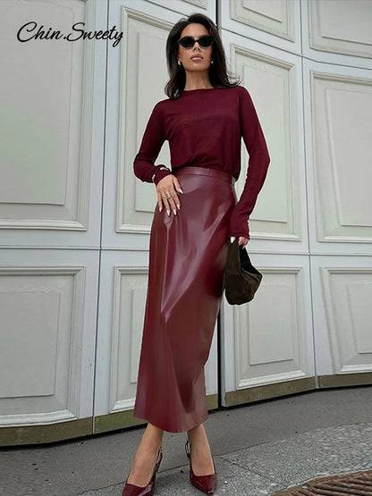 Burgundy Red Leather Skirt Slim Fit Hip Package Split Skirts Female Autumn Winter Commuting High Street Outwear