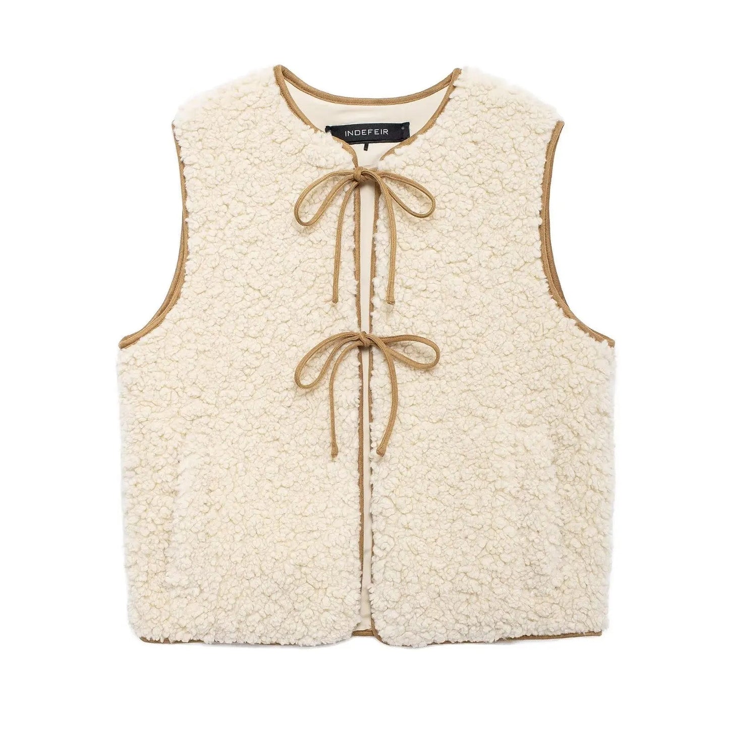 Winter New Fleece Vest Jacket Round Neck Lace-up Sleeveless Jackets Simple Waistcoat Outerwear