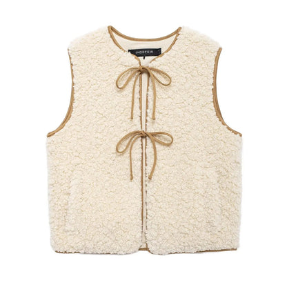 Winter New Fleece Vest Jacket Round Neck Lace-up Sleeveless Jackets Simple Waistcoat Outerwear