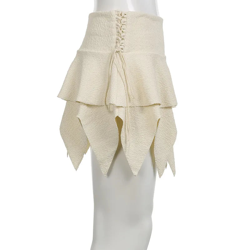 Y2k Irregular Short Skirt Bandage Ruffle Wrap Dress Female Club Street Clothing Summer Low Waist Skirt